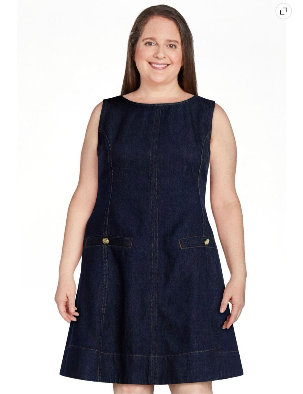 Free Assembly Women’s Crew Neck Denim Dress Jumper Sz. 14 Gold Buttons - Picture 9 of 9